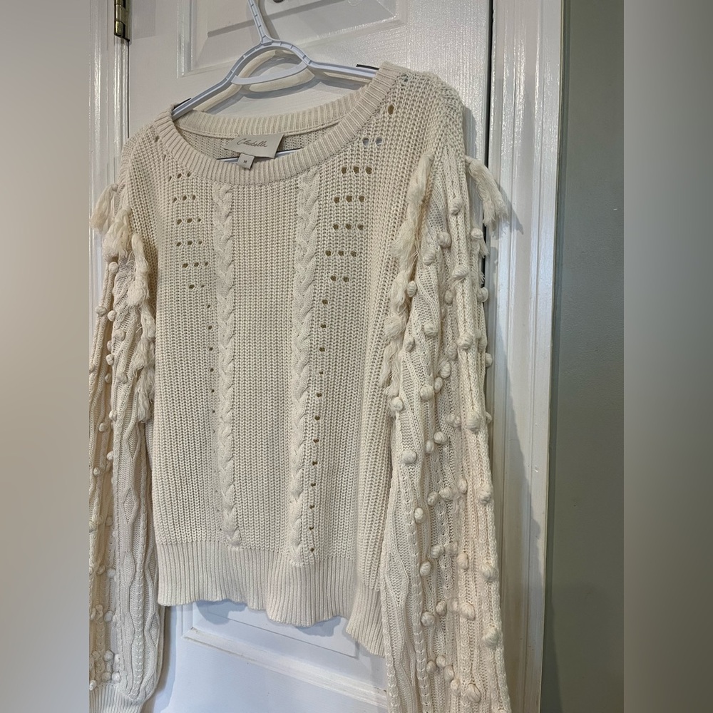 Cleobella White Knit Ivory Pom Pom Fringe Sweater M b2 - Picture 4 of 8